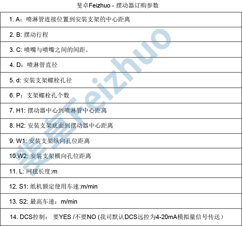 斐卓Feizhuo噴淋擺動(dòng)裝置訂購信息表